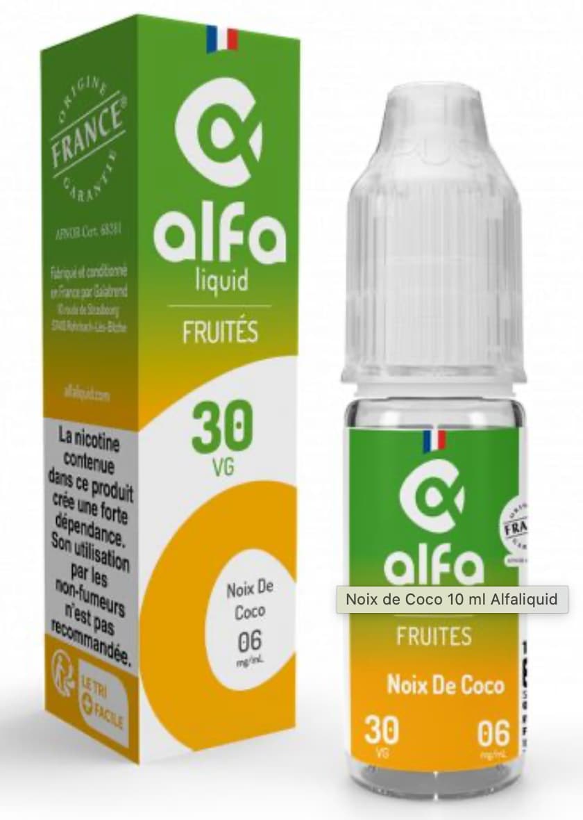 E-liquide Noix de Coco Alfaliquid, flacon et boîte de 10 mL