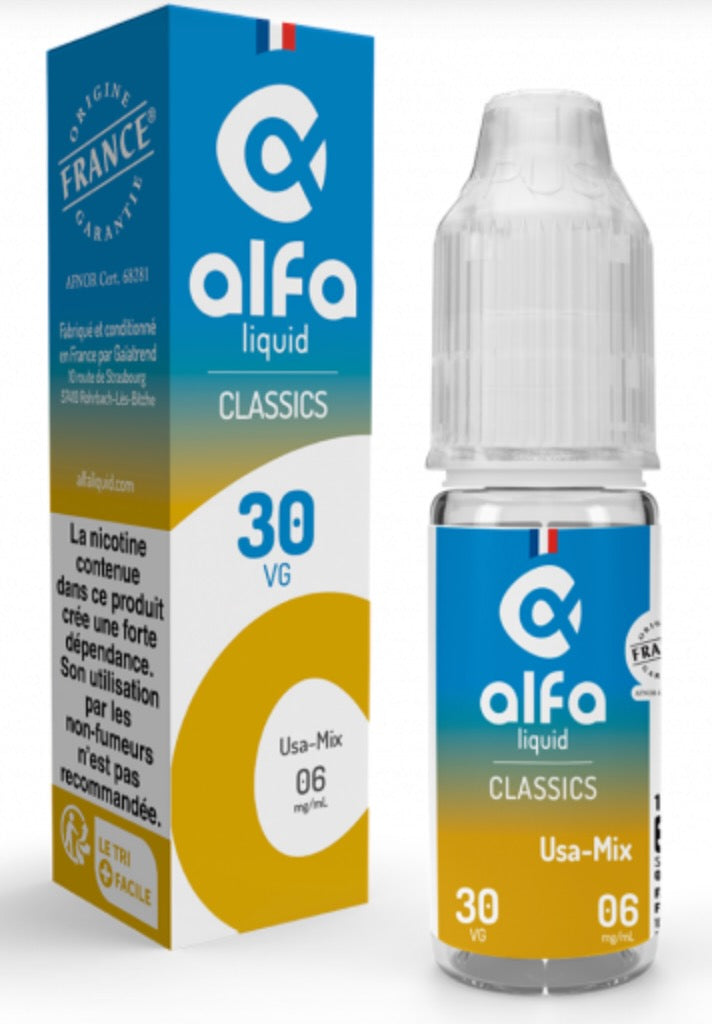 E-liquide USA Mix Alfaliquid, flacon et boîte de 10 mL