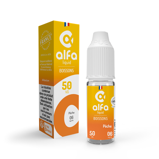 E-liquide Pêche Alfaliquid, flacon de 10 mL, version PG/VG 50/50