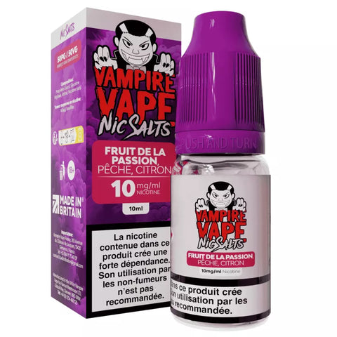 E-liquide Fruit de la Passion Pêche Citron Vampire Vape aux sels de nicotine, flacon de 10 mL