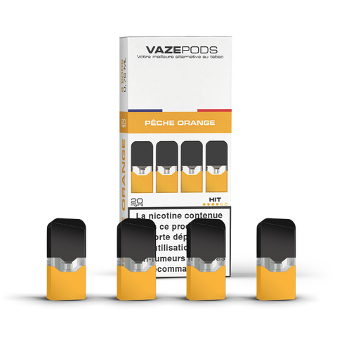 Vaze Pods Pêche Orange : la boîte et ses 4 cartouches pré-remplies