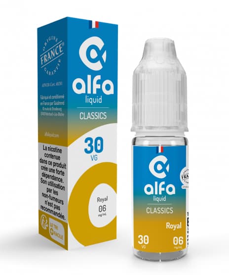 E-liquide Royal Alfaliquid, flacon et boîte de 10 mL