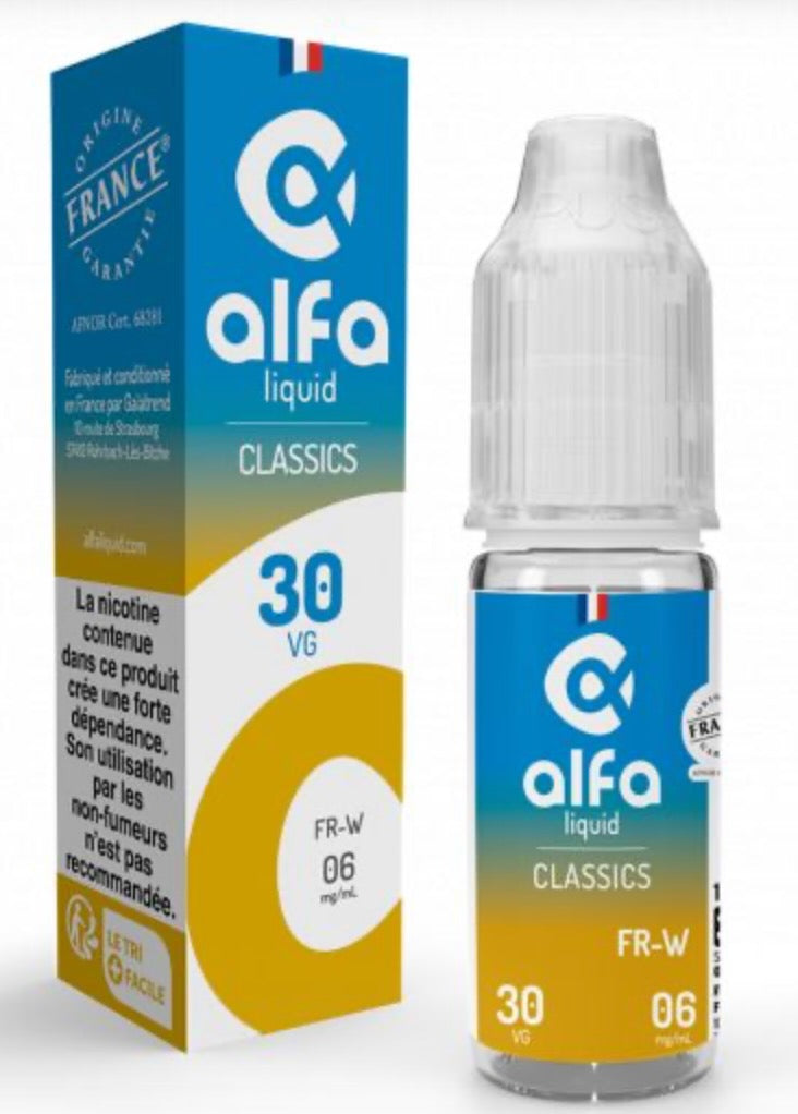 E-liquide FR-W Alfaliquid, flacon et boîte de 10 mL