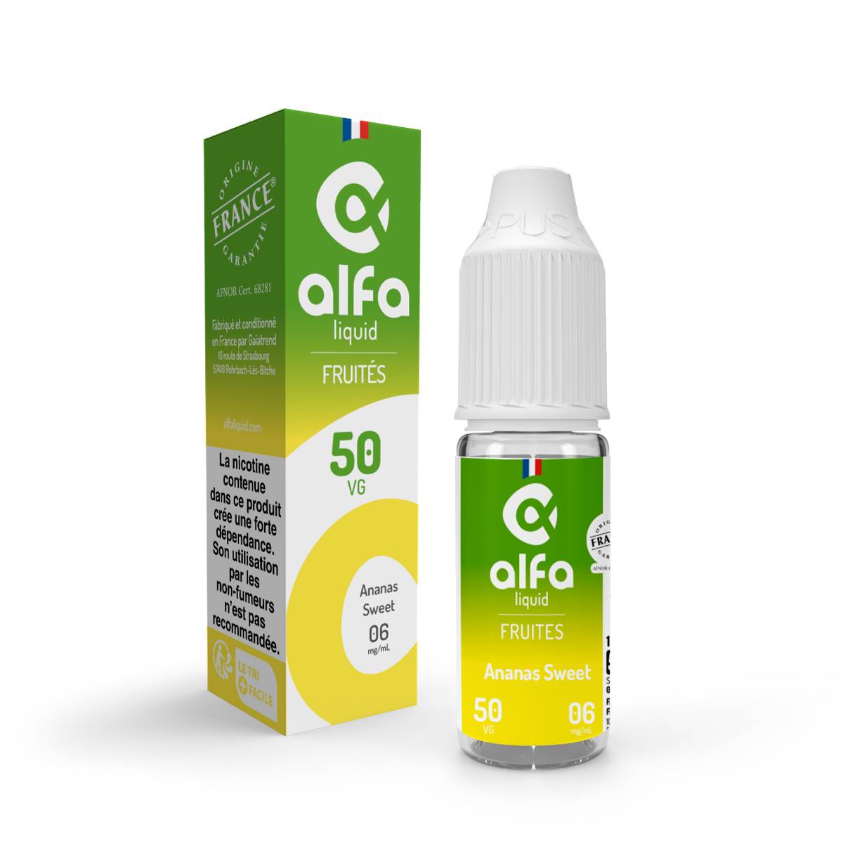 E-liquide Ananas Sweet Alfaliquid, flacon de 10 mL, version PG/VG 50/50