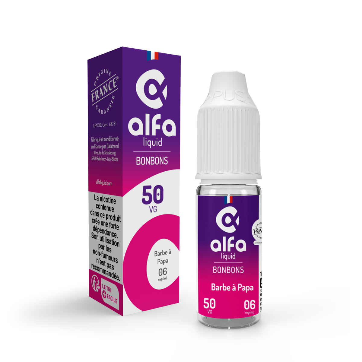 E-liquide Barbe à Papa Alfaliquid, flacon de 10 mL, version PG/VG 50/50