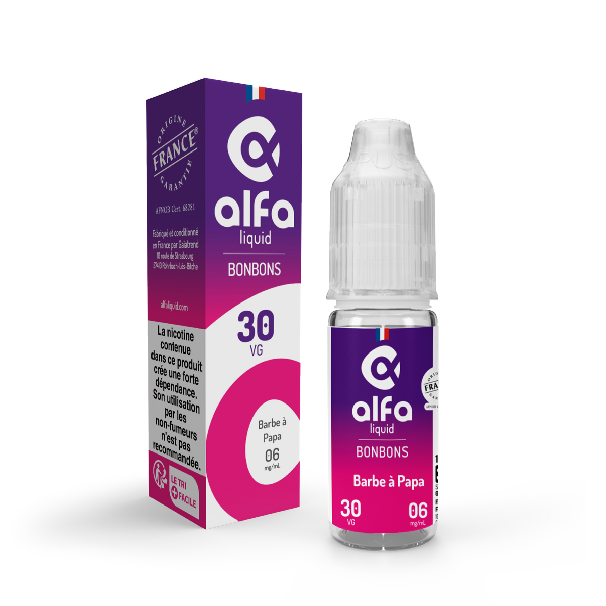 E-liquide Barbe à Papa Alfaliquid, flacon de 10 mL, version PG/VG 70/30
