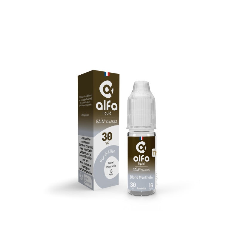 E-liquide Blond Mentholé Alfaliquid Gaïa Classics, flacon de 10 mL, version 16 mg/mL et PG/VG 70/30