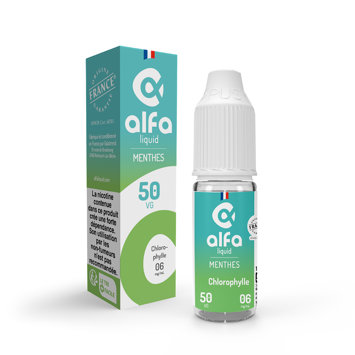 E-liquide Chlorophylle Alfaliquid, flacon de 10 mL, version PG/VG 50/50