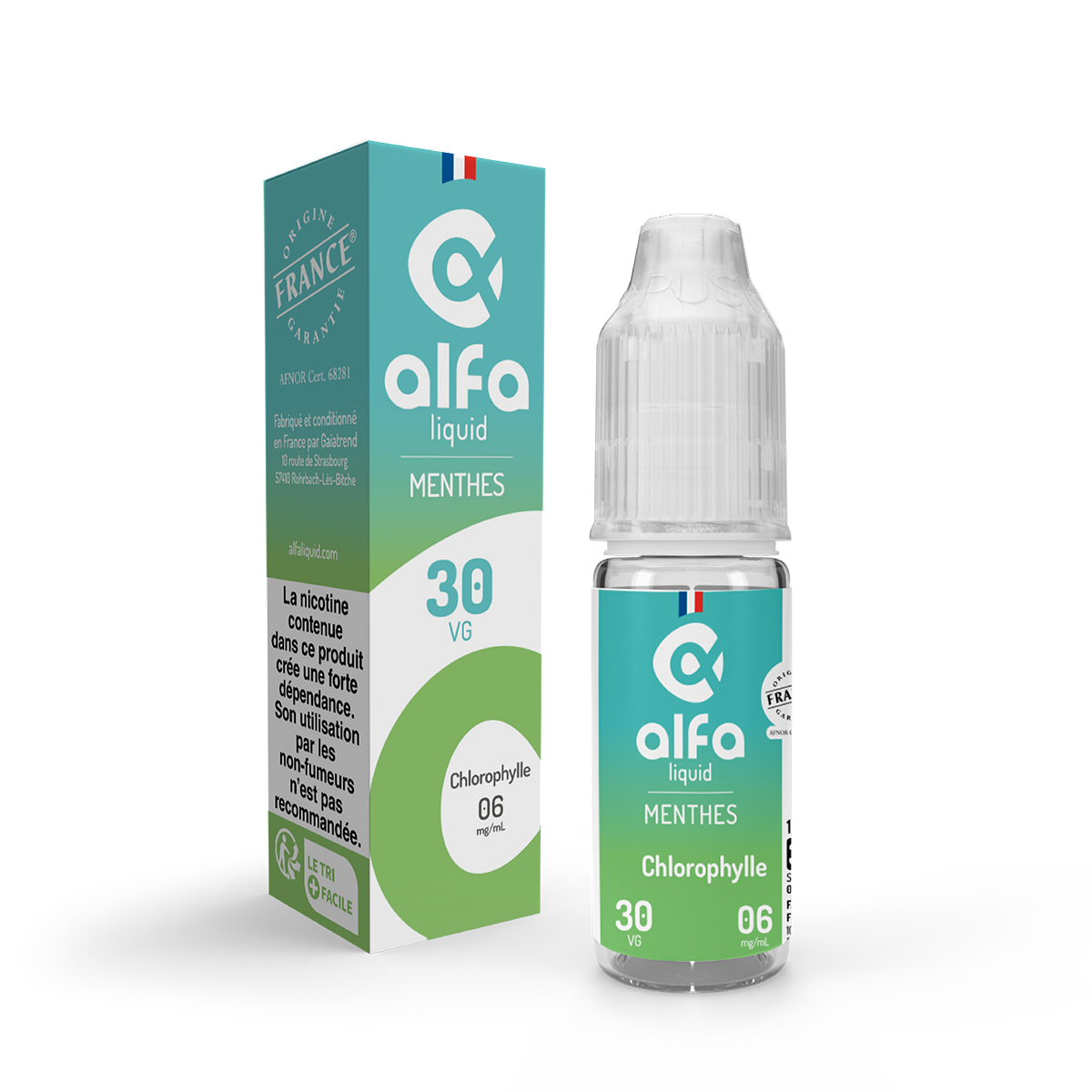 E-liquide Chlorophylle Alfaliquid, flacon de 10 mL, version PG/VG 70/30