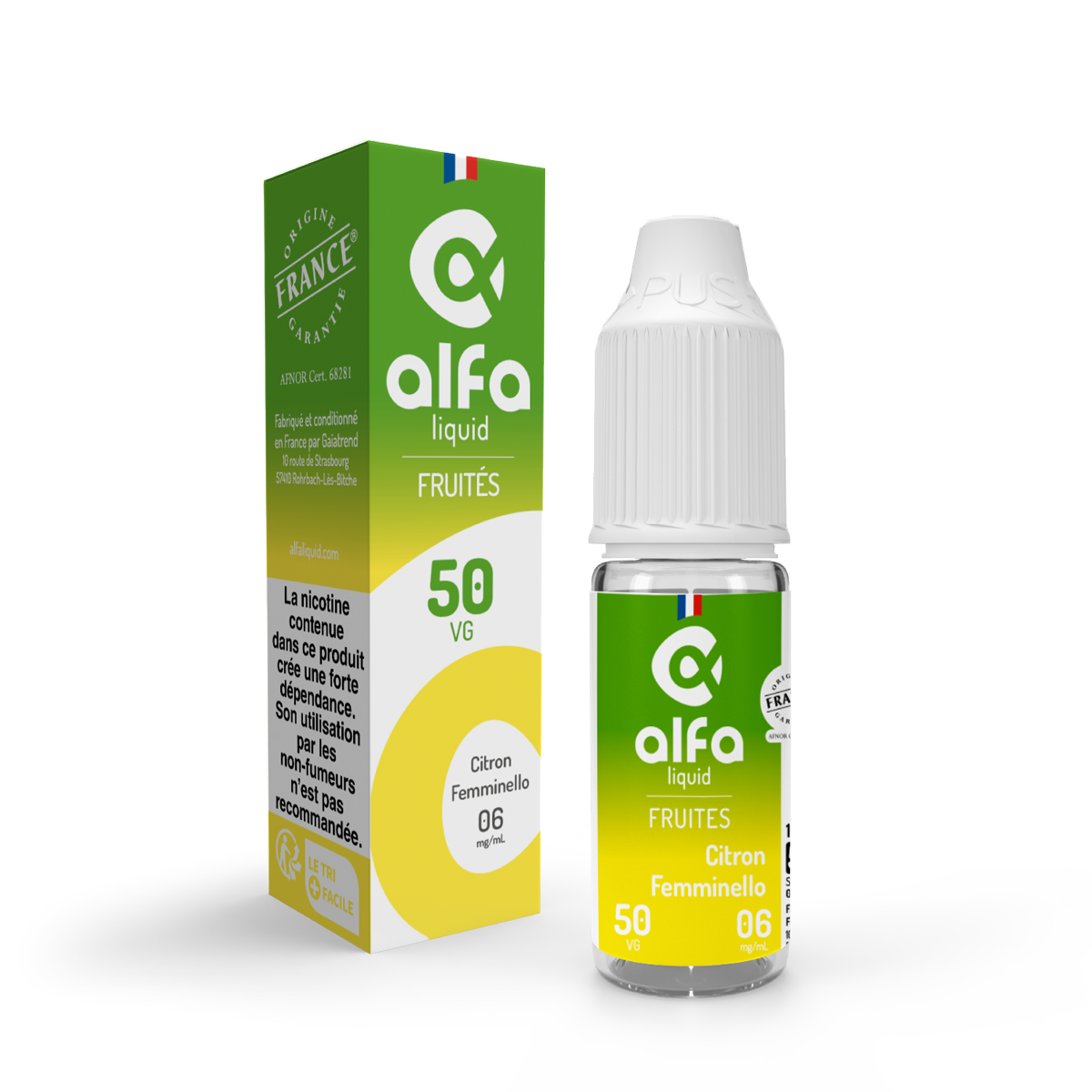 E-liquide Citron Femminello Alfaliquid, flacon de 10 mL, version PG/VG 50/50