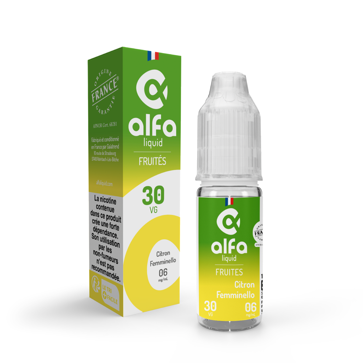 E-liquide Citron Femminello Alfaliquid, flacon de 10 mL, version PG/VG 70/30