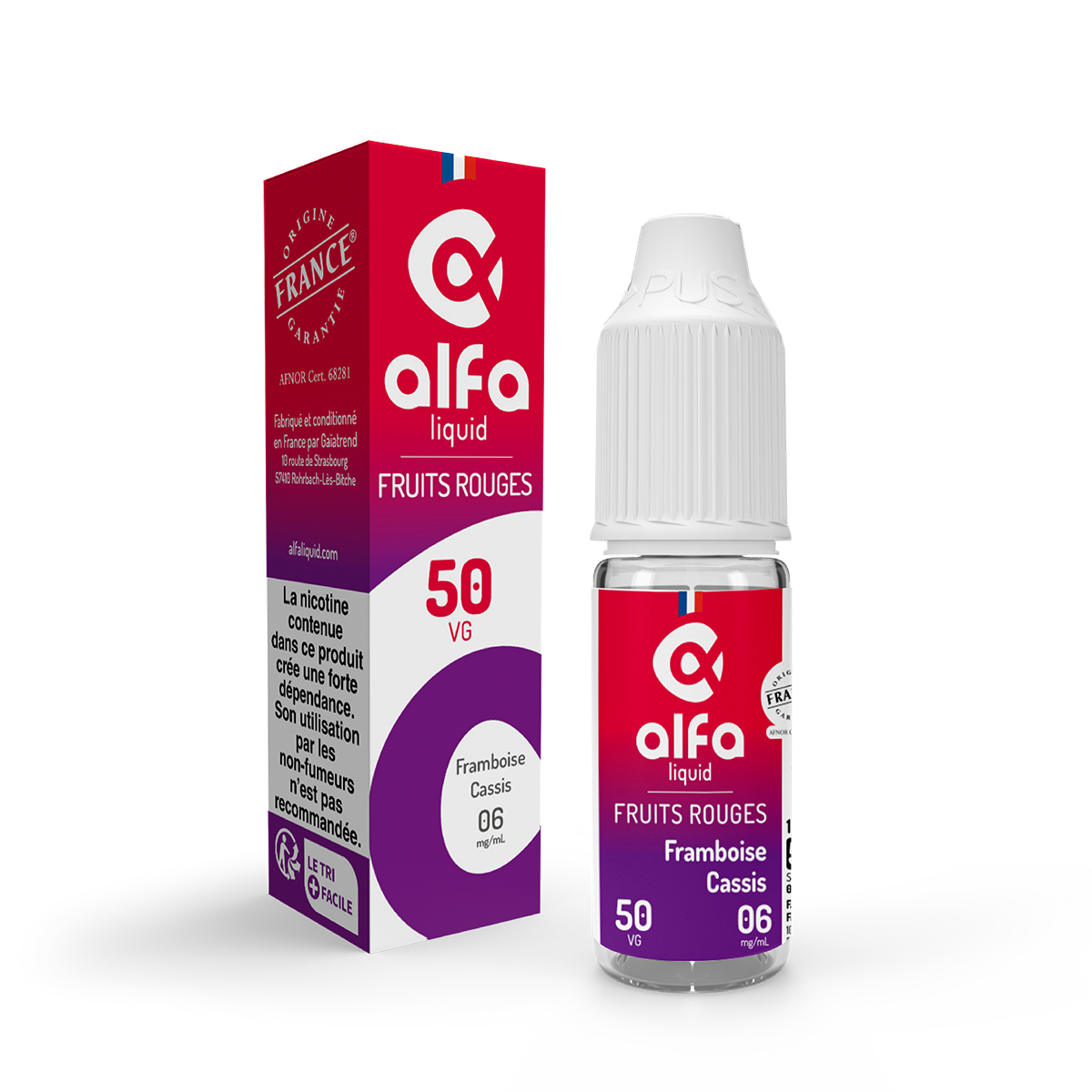 E-liquide Framboise Cassis Alfaliquid, flacon de 10 mL, version PG/VG 50/50