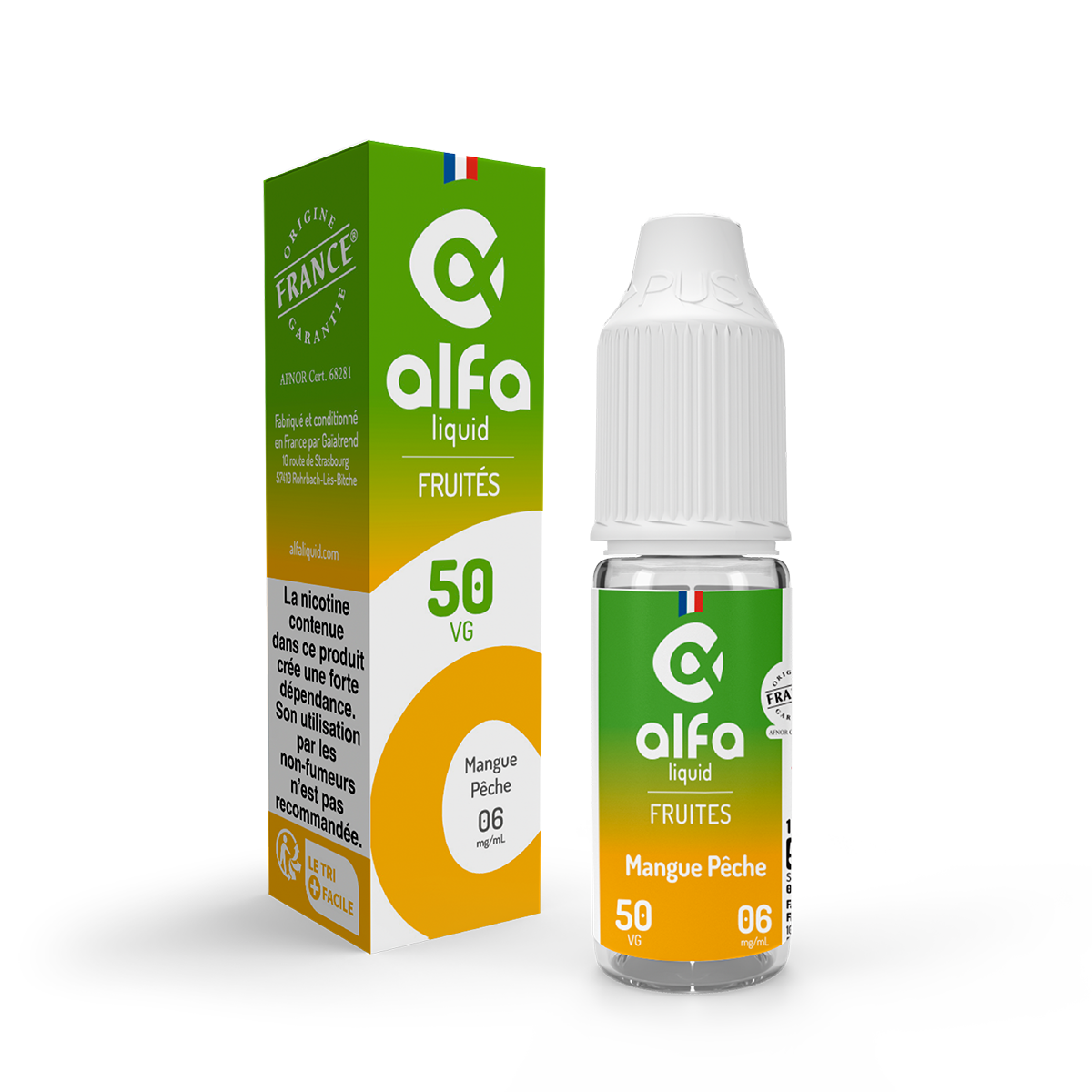 E-liquide Mangue Pêche Alfaliquid, flacon de 10 mL