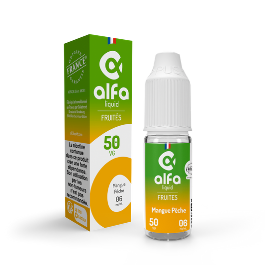 E-liquide Mangue Pêche Alfaliquid, flacon de 10 mL