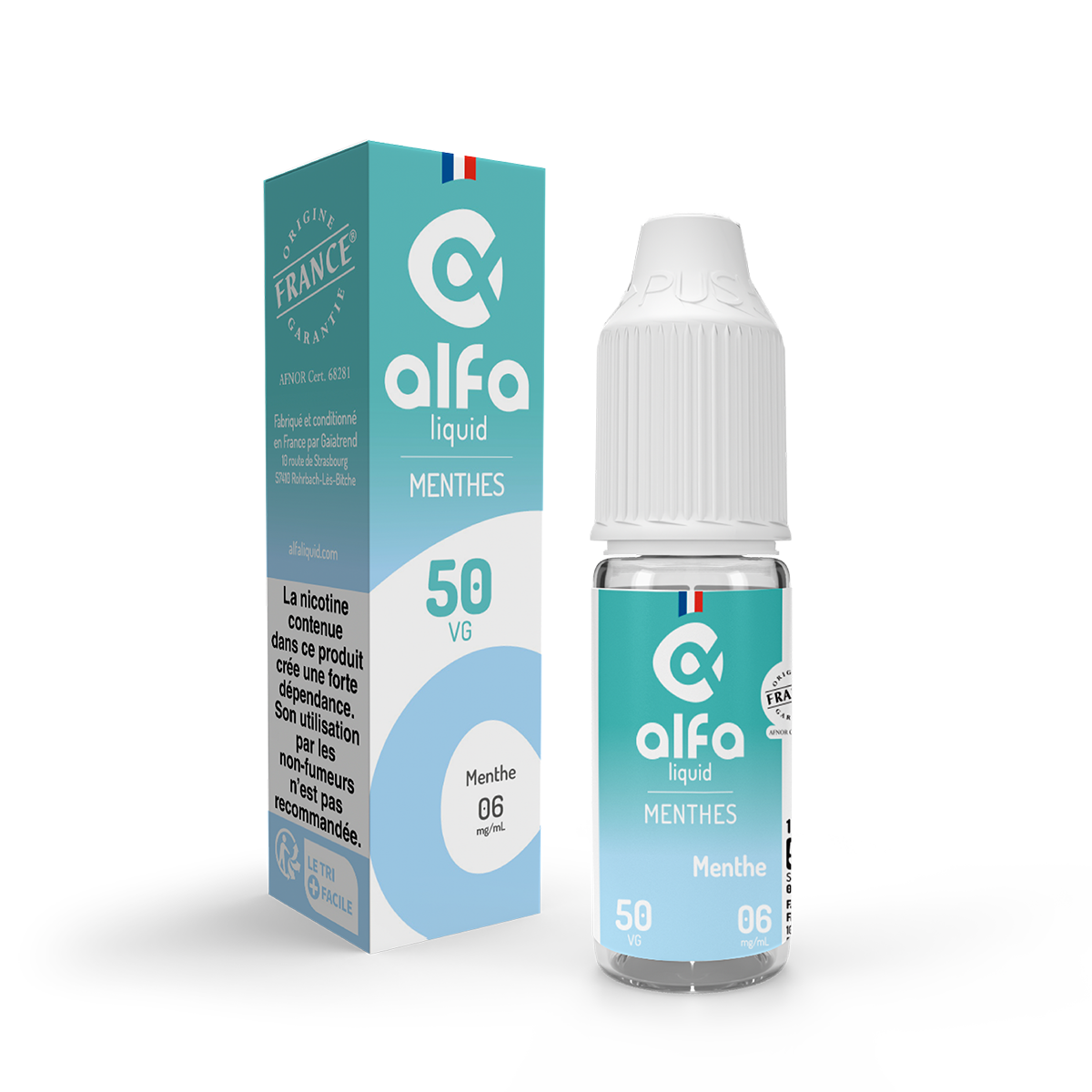 E-liquide Menthe Alfaliquid, flacon de 10 mL, version PG/VG 50/50