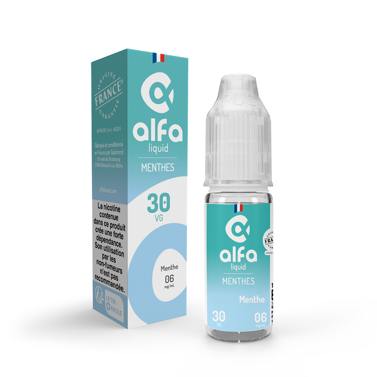 E-liquide Menthe Alfaliquid, flacon de 10 mL, version PG/VG 70/30