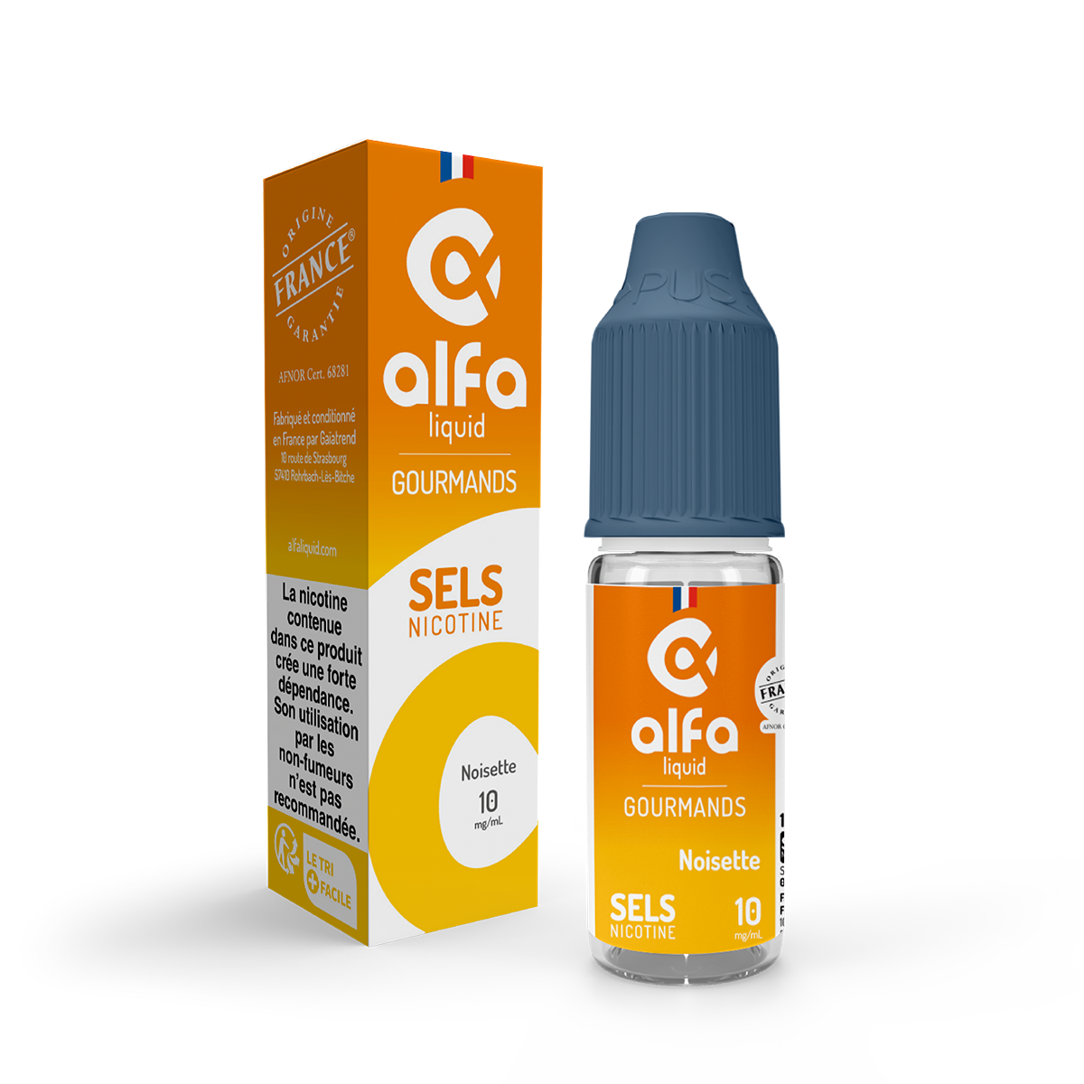 E-liquide Noisette Alfaliquid aux sels de nicotine, flacon de 10 mL, version 10 mg/mL
