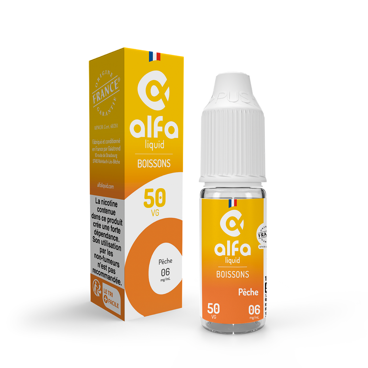 E-liquide Pêche Alfaliquid, flacon de 10 mL, version PG/VG 50/50