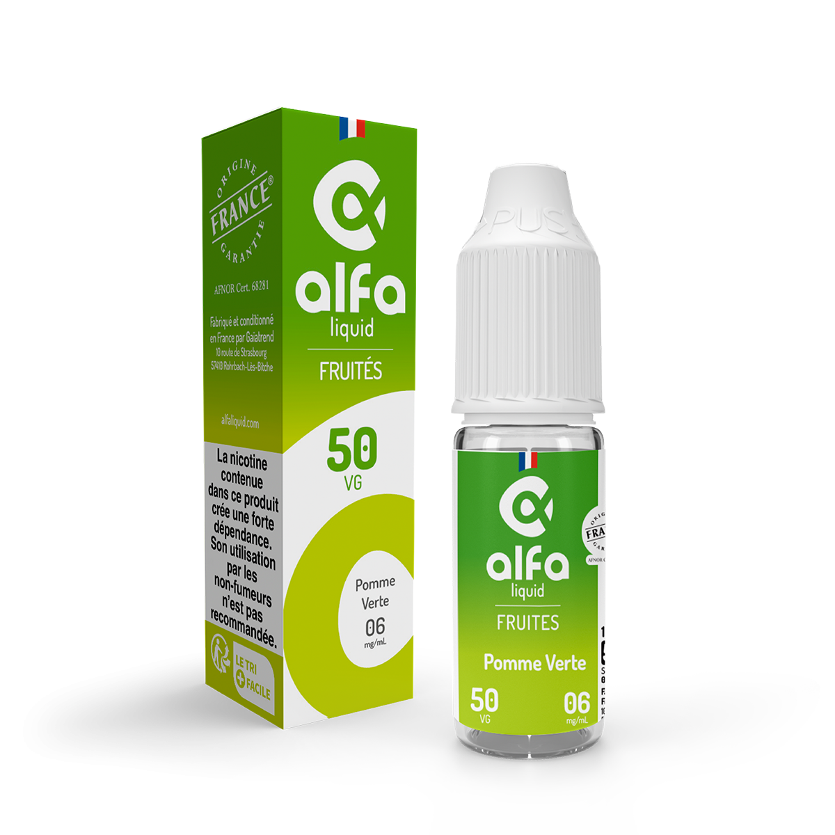 E-liquide Pomme Verte Alfaliquid, flacon de 10 mL, version PG/VG 50/50