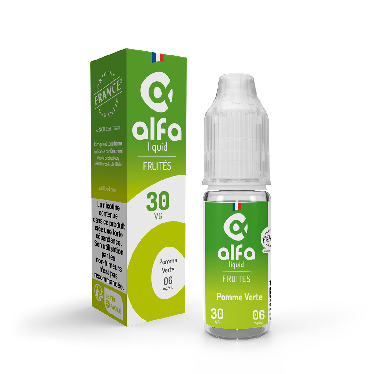 E-liquide Pomme Verte Alfaliquid, flacon de 10 mL, version PG/VG 70/30