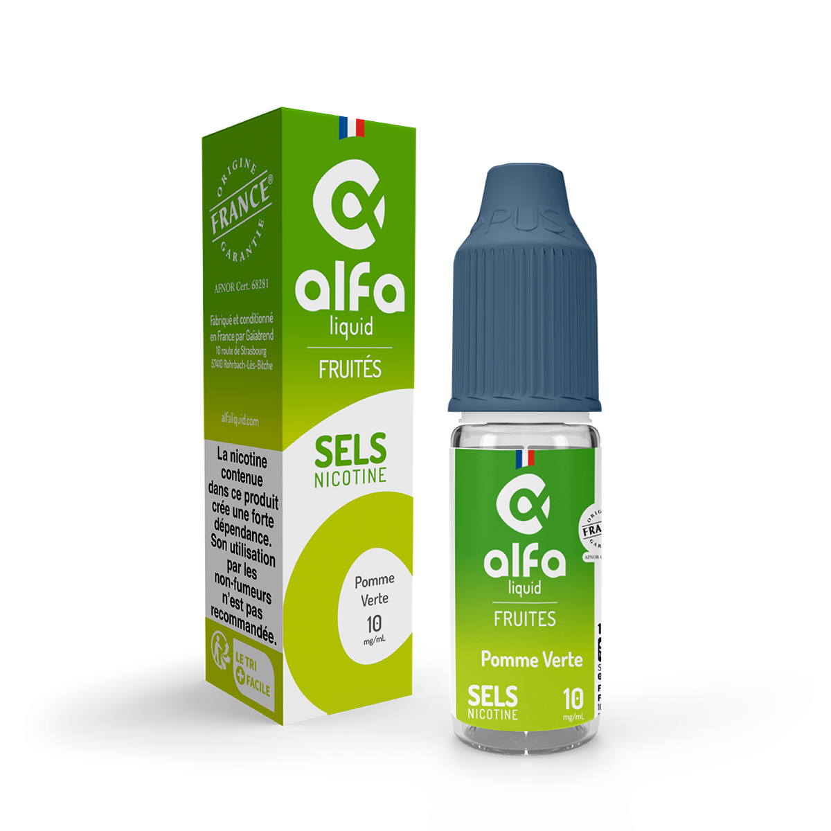 E-liquide Pomme Verte Alfaliquid aux sels de nicotine, flacon de 10 mL, version 10 mg/mL