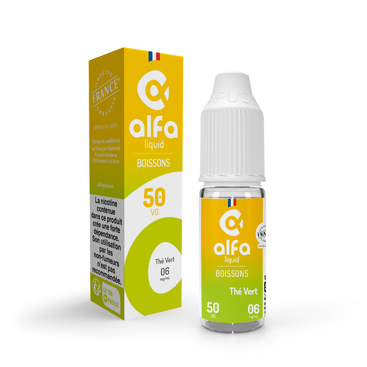 E-liquide Thé Vert Alfaliquid, flacon de 10 mL, version PG/VG 50/50