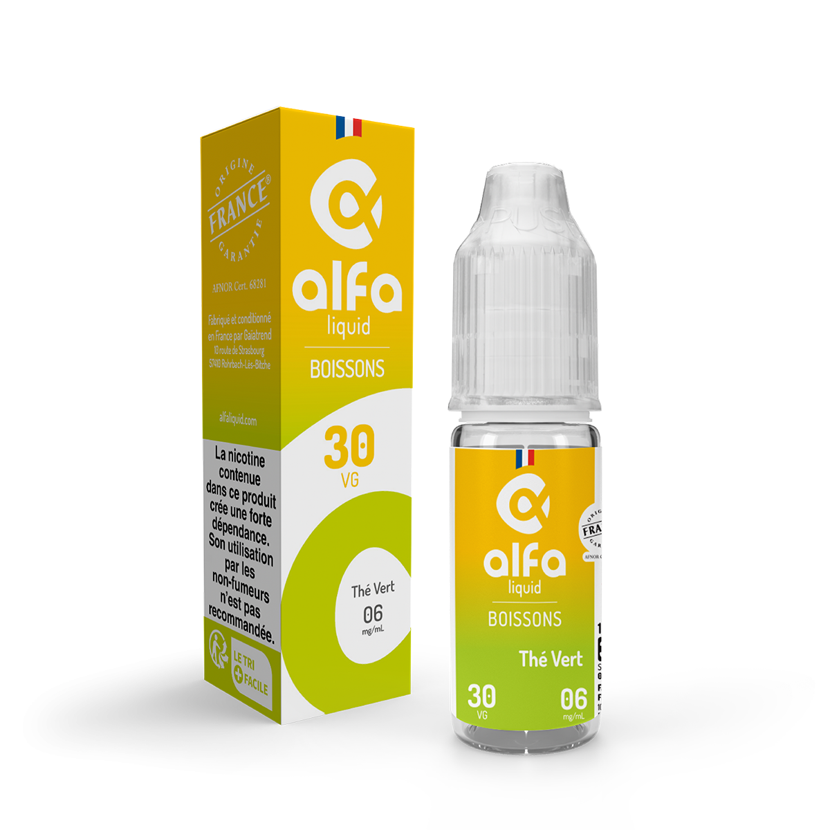 E-liquide Thé Vert Alfaliquid, flacon de 10 mL, version PG/VG 70/30