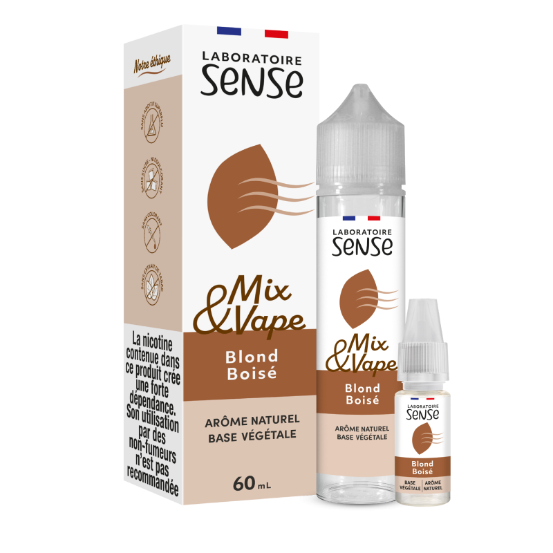 Pack Blond Boisé Laboratoire Sense Mix & Vape 60 mL en 3 mg/mL : flacon et 1 booster