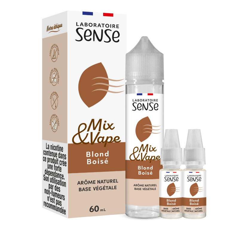 Pack Blond Boisé Laboratoire Sense Mix & Vape 60 mL en 6 mg/mL : flacon et 2 boosters