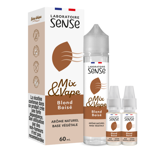 Pack Blond Boisé Laboratoire Sense Mix & Vape 60 mL en 6 mg/mL : flacon et 2 boosters