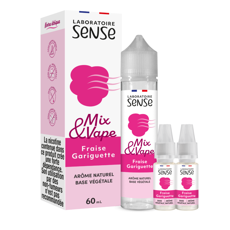 Pack Fraise Gariguette Laboratoire Sense Mix & Vape 60 mL en 6 mg/mL : flacon et 2 boosters