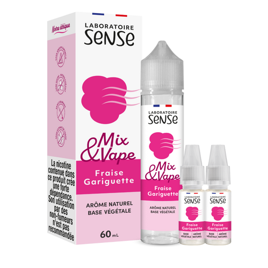 Pack Fraise Gariguette Laboratoire Sense Mix & Vape 60 mL en 6 mg/mL : flacon et 2 boosters