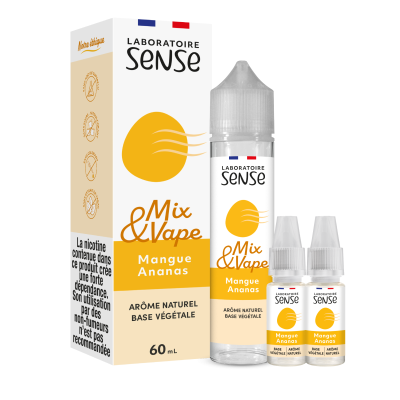 Pack Mangue Ananas Laboratoire Sense Mix & Vape 60 mL en 6 mg/mL : flacon et 2 boosters
