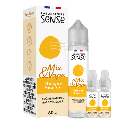 Pack Mangue Ananas Laboratoire Sense Mix & Vape 60 mL en 6 mg/mL : flacon et 2 boosters