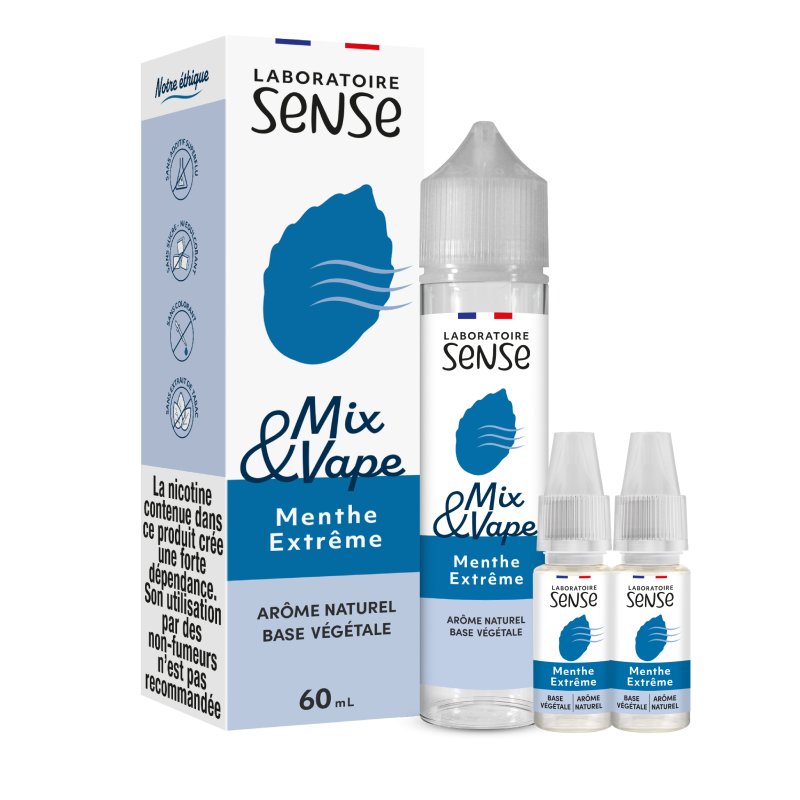 Pack Menthe Extrême Laboratoire Sense Mix & Vape 60 mL en 6 mg/mL : flacon et 2 boosters
