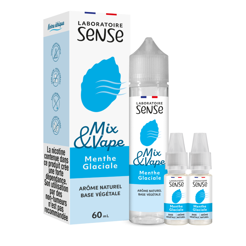 Pack Menthe Glaciale Laboratoire Sense Mix & Vape 60 mL en 6 mg/mL : flacon et 2 boosters
