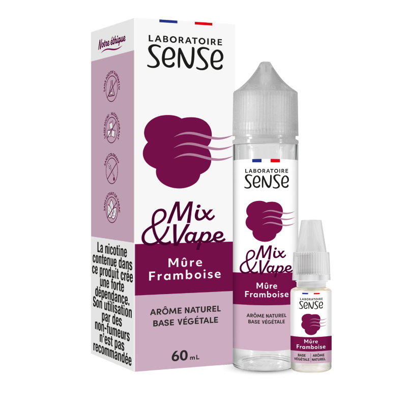 Pack Mûre Framboise Laboratoire Sense Mix & Vape 60 mL en 3 mg/mL : flacon et 1 booster