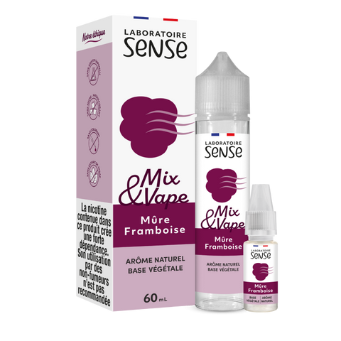 Pack Mûre Framboise Laboratoire Sense Mix & Vape 60 mL en 3 mg/mL : flacon et 1 booster