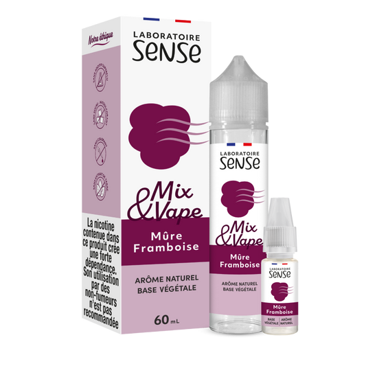 Pack Mûre Framboise Laboratoire Sense Mix & Vape 60 mL en 3 mg/mL : flacon et 1 booster