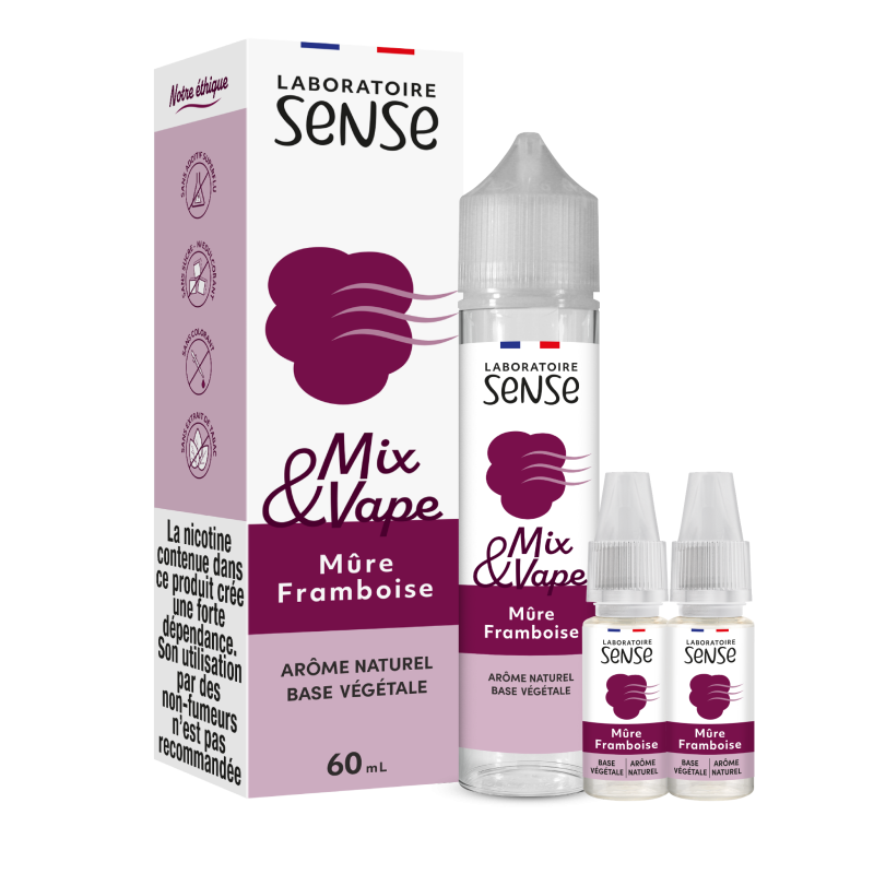 Pack Mûre Framboise Laboratoire Sense Mix & Vape 60 mL en 6 mg/mL : flacon et 2 boosters