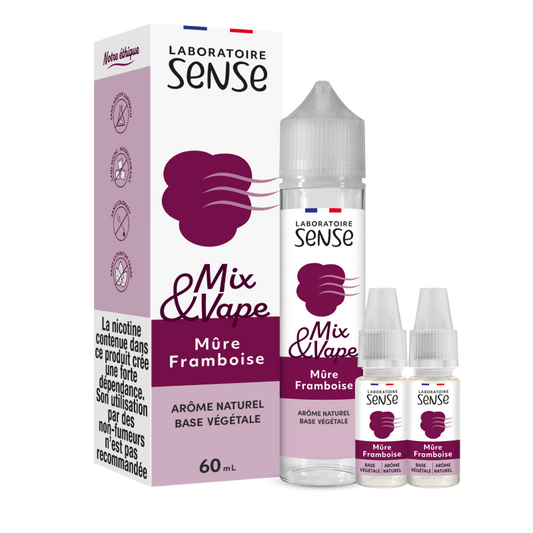 Pack Mûre Framboise Laboratoire Sense Mix & Vape 60 mL en 6 mg/mL : flacon et 2 boosters