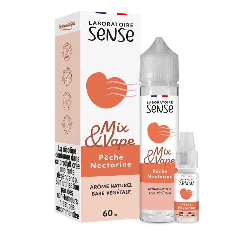 Pack Pêche Nectarine Laboratoire Sense Mix & Vape 60 mL en 3 mg/mL : flacon et 1 booster