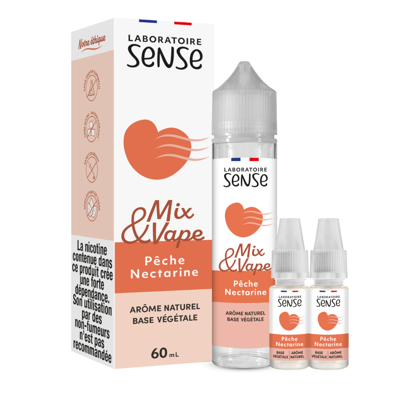 Pack Pêche Nectarine Laboratoire Sense Mix & Vape 60 mL en 6 mg/mL : flacon et 2 boosters
