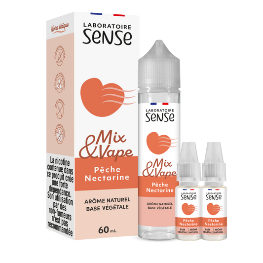 Pack Pêche Nectarine Laboratoire Sense Mix & Vape 60 mL en 6 mg/mL : flacon et 2 boosters