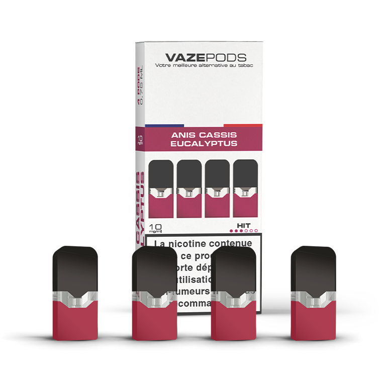 Vaze Pods Anis Cassis Eucalyptus : boîte de 4 cartouches pré-remplies en 10 mg/mL