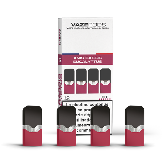 Vaze Pods Anis Cassis Eucalyptus : boîte de 4 cartouches pré-remplies en 10 mg/mL