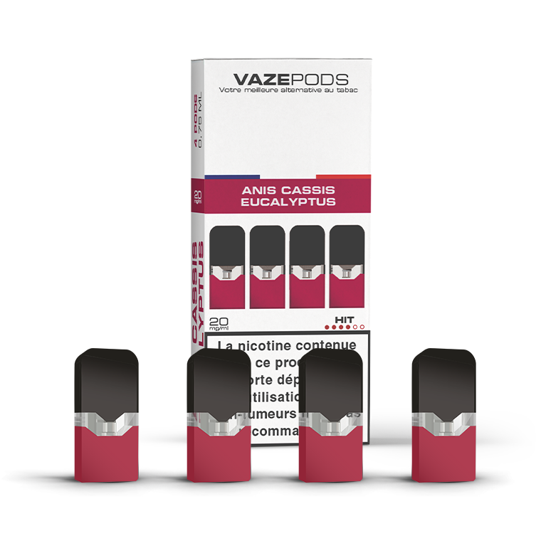 Vaze Pods Anis Cassis Eucalyptus : boîte de 4 cartouches pré-remplies en 20 mg/mL