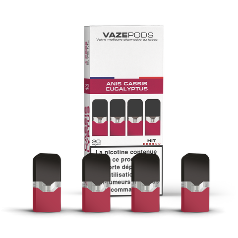Vaze Pods Anis Cassis Eucalyptus : boîte de 4 cartouches pré-remplies en 20 mg/mL