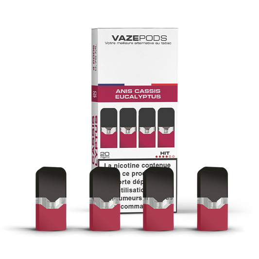 Vaze Pods Anis Cassis Eucalyptus : boîte de 4 cartouches pré-remplies en 20 mg/mL