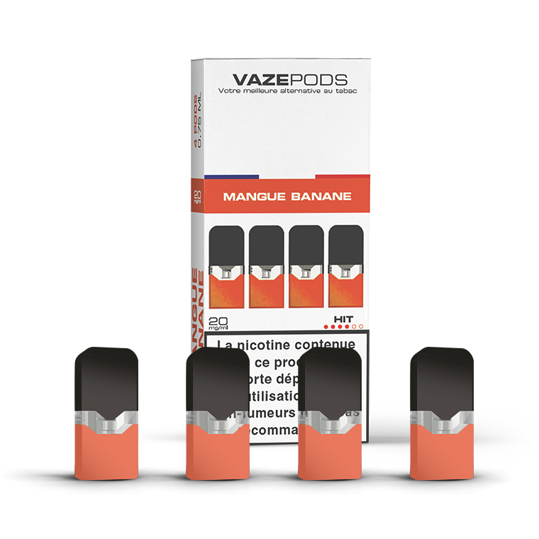 Vaze Pods Mangue Banane : boîte de 4 cartouches pré-remplies en 20 mg/mL